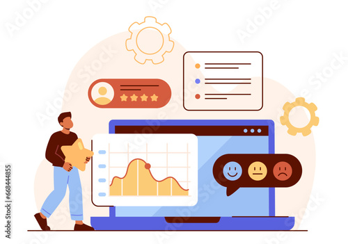 User experience concept. Man near graphs and diagrams. Front end developer with mobile application. IT specialist and programmer. Software development and testing. Cartoon flat vector illustration
