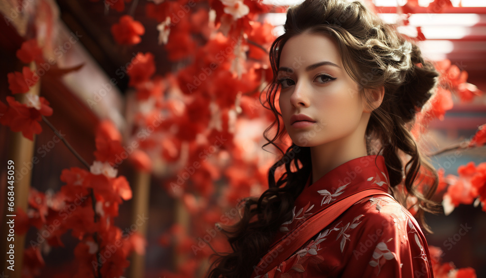 Young woman in autumn, standing by tree, smiling at camera generated by AI Young woman in autumn, standing by tree, smiling at camera generated by AI