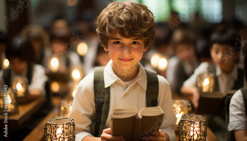 Smiling schoolboy reading book, learning with happiness in library generated by AI