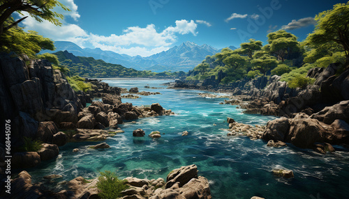 Tranquil scene mountain peak reflects in blue waters, nature beauty generated by AI