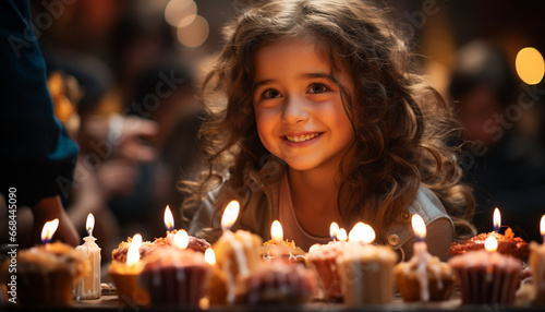 Smiling child holds candle, celebrating birthday with cute girls generated by AI