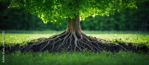Trees root in green grass photo
