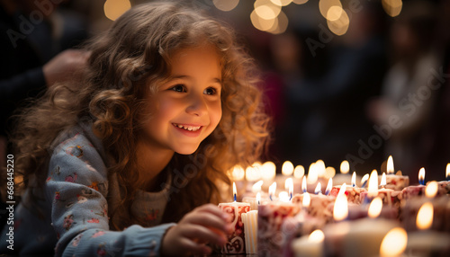 Smiling girls celebrate with cute candle, bringing happiness and joy generated by AI