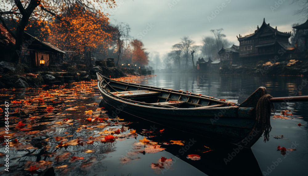 A serene autumn sunset reflects on tranquil nautical vessel generated by AI