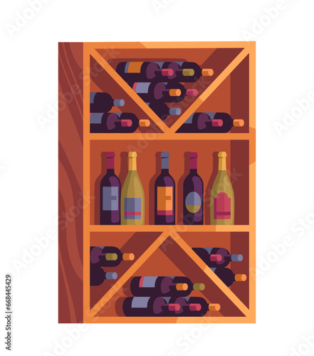 Wine production set. Wooden shelf with bottles with alcoholic drinks. Beverage and tasty liquid. Winery industry and storage. Cartoon flat vector illustration isolated on white background