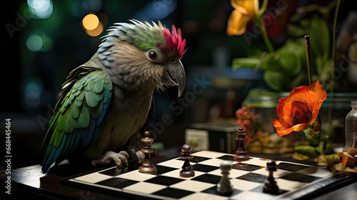 A vibrant bird gazes intently at a chessboard, signifying strategic thinking and nature's intelligence. 