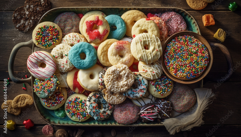 Fototapeta premium Multi colored cookie collection on rustic wood table, indulgent sweetness generated by AI