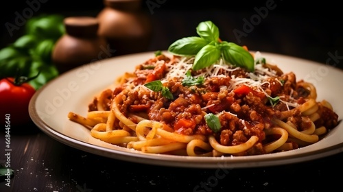 Pasta with meat, tomato sauce and vegetables