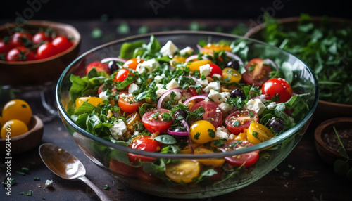 Fresh vegetarian salad with cherry tomatoes, olive oil, and mozzarella generated by AI