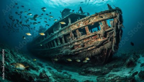 Abandoned shipwreck in tropical waters, home to colorful sea life generated by AI © Stockgiu