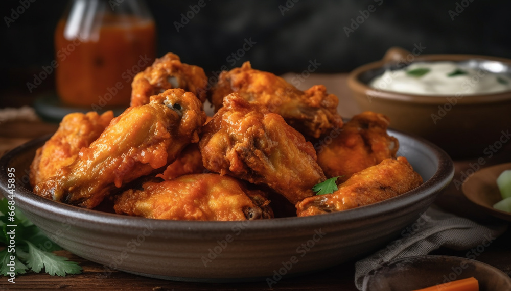 Grilled buffalo chicken wings with savory sauce and fresh cilantro generated by AI Grilled buffalo chicken wings with savory sauce and fresh cilantro generated by AI