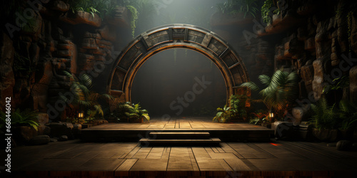 Ancient aztec cave product display podium with stairs and jungle background.
