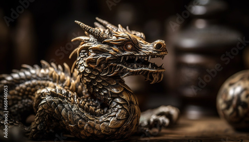 Dragon sculpture, fierce animal head, horned lizard, ancient Chinese culture generated by AI