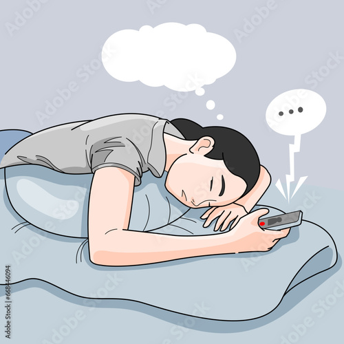 girl sleeping in bed pillow holding phone asleep while talking, tired taking a nap