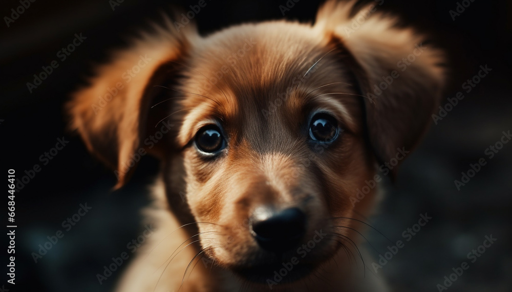 Cute purebred puppy sitting, looking at camera with fluffy fur generated by AI