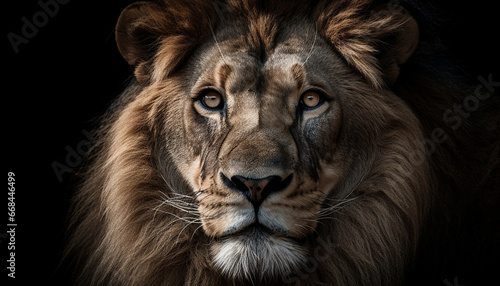 Majestic lion staring  close up portrait of a powerful male generated by AI