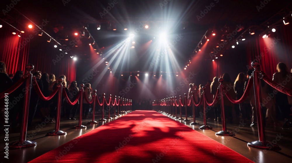 A closeup of Rows of people walking on red carpet in theater, movie premiere, stage or show concept Generative AI