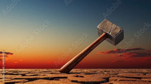 Lone hammer placed on a desolate beach during a vibrant sunset, depicting solitude and endurance.