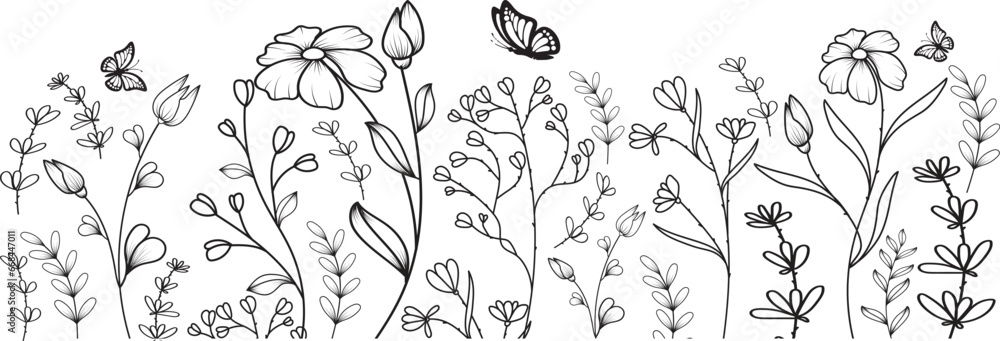 Vector botanical seamless border with trendy meadow greenery and flowers.