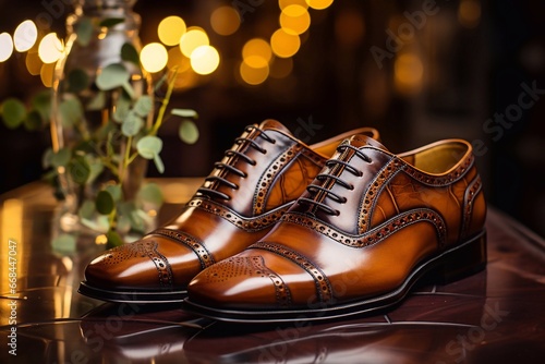 A image of Men luxury brown leather shoes in a shop window close up on room Generative AI