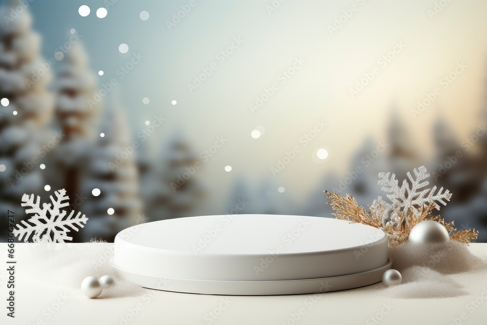 Empty white circle podium product presentation on Winter Christmas background