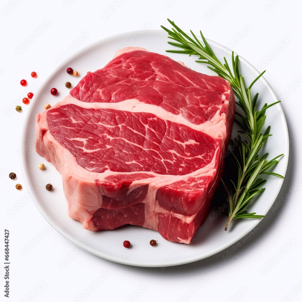 A photo of Raw T bone steak with rosemary and peppercorns on white background Generative AI