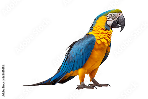 side view full body of blue and yellow macaw bird standing isolated on a transparent background. Generative AI photo