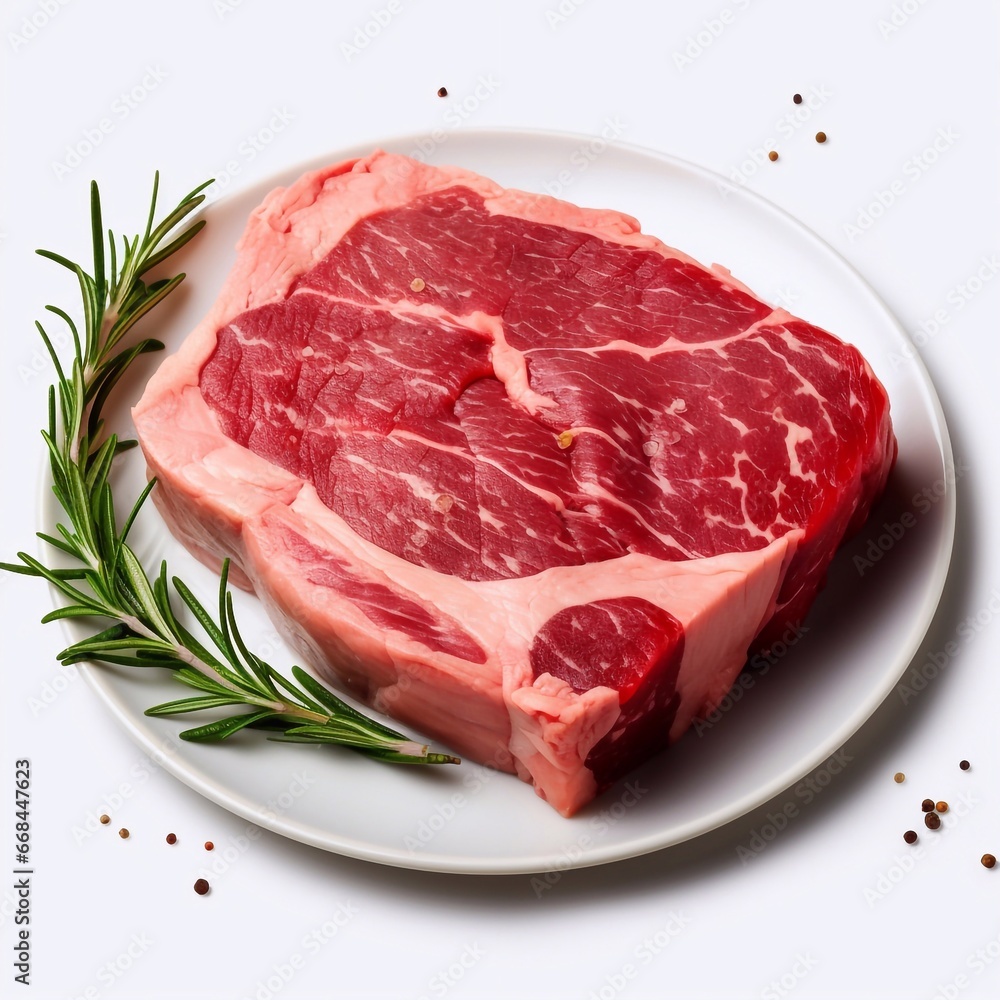Fototapeta premium A picture of Raw T bone steak with rosemary and peppercorns on white background Generative AI