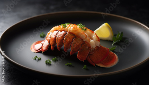 Grilled seafood fillet with lemon and parsley on black background generated by AI