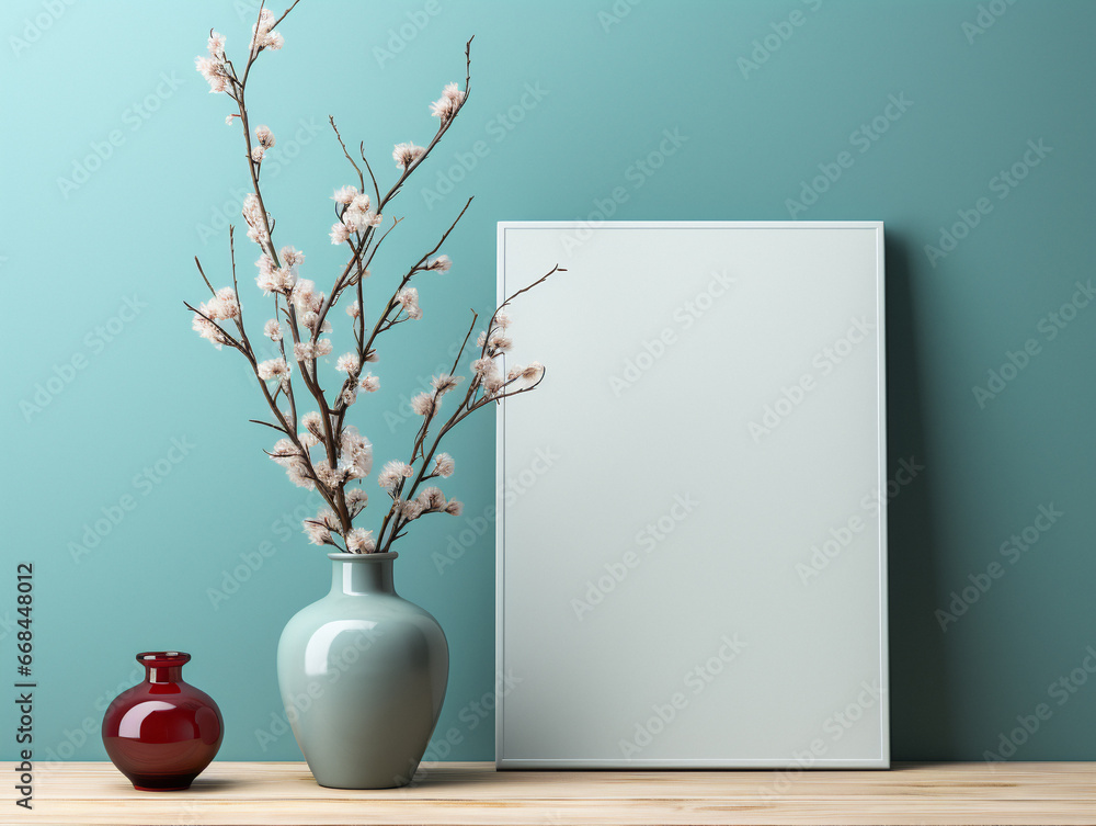 Blank empty picture frame with a plant in modern interior. Empty space for design layout. Blank empty picture frame with a plant in modern interior. Empty space for design layout.