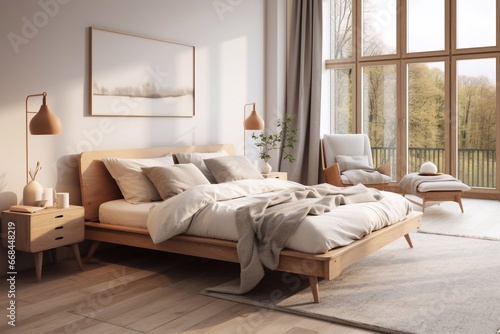 Modern bedroom interior with wooden bed and pillows. 3d render Generative AI