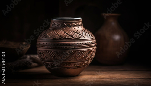 Antique earthenware jug, rustic design, ornate handle, decorative still life generated by AI