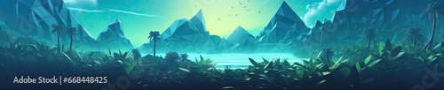 A tranquil polygonal landscape unfolds, with majestic mountains.