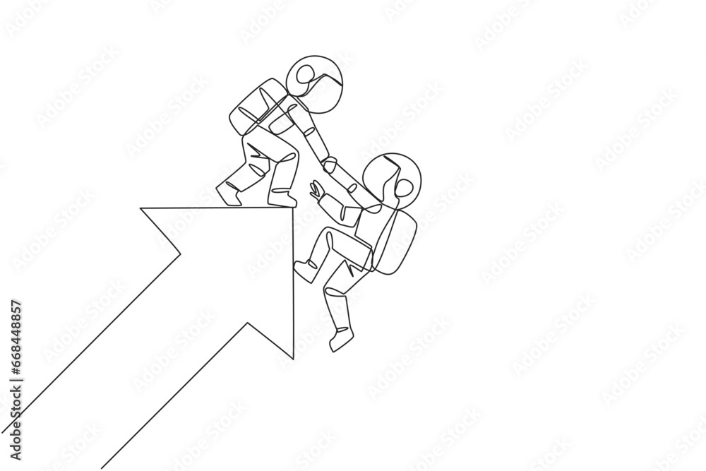 Single continuous line drawing astronaut helps colleague climb the big rising arrow symbol. Compact teamwork. Positive effect on company. Complete work correctly. One line design vector illustration