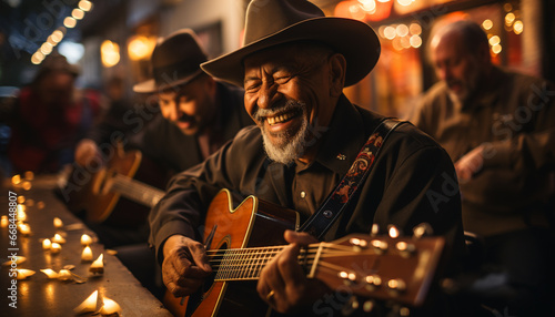 Two men playing acoustic guitars, smiling, on stage at night generated by AI