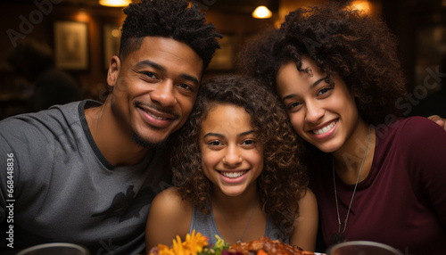 Smiling family enjoying food  love  and togetherness indoors generated by AI