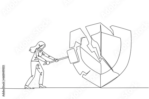Continuous one line drawing businesswoman preparing to hit shield. Rampage. System is undermined by business competitor. Unfair competition. Virus attack. Single line draw design vector illustration
