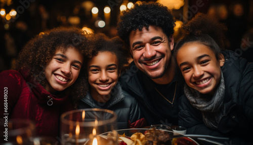 African and Caucasian families smiling  celebrating  and enjoying winter festivities generated by AI
