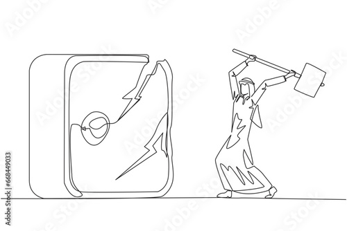 Continuous one line drawing Arab businessman preparing to hit big safe deposit box. Boss is furious want to destroy with hammer. Angry businessman. Lost. Single line draw design vector illustration
