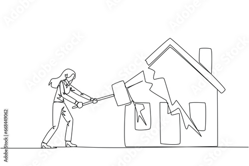 Single continuous line drawing businesswoman preparing to hit miniature house. Metaphor of house as collateral for payment. Business fails. Home is gone. Bankrupt. One line design vector illustration