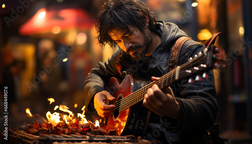 One man playing an acoustic guitar by the fire generated by AI