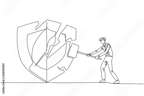 Continuous one line drawing businessman preparing to hit shield. Rampage. System is undermined by business competitors. Unfair competition. Virus attack. Single line draw design vector illustration