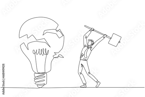 Continuous one line drawing businessman preparing to hit a big lightbulb. The thrashing anger. Failed to secure a brilliant business idea. Destruction. Single line draw design vector illustration