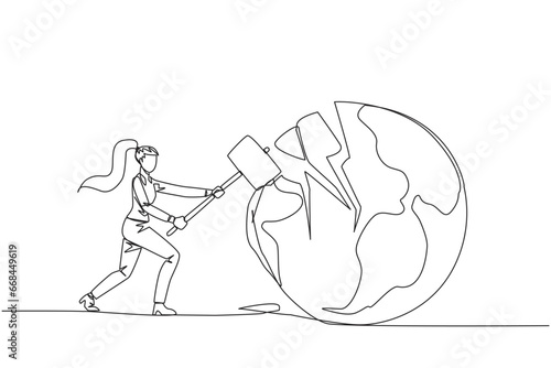 Continuous one line drawing businesswoman preparing to hit the big globe. Disappointed with the world. Businesses fall apart before it grow. Deepest anger. Single line draw design vector illustration