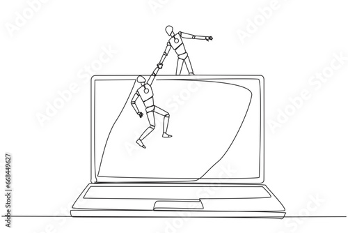 Single continuous line drawing smart robot helps colleague to climb a big laptop computer. Help create applications to develop business online. Great teamwork. One line design vector illustration