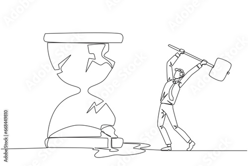 Continuous one line drawing businessman preparing to hit the big hourglass. Remove reminders. Work without rules. Undisciplined. Detrimental to the company. Single line draw design vector illustration photo