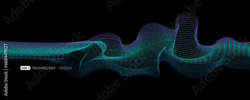 Flowing particles wave pattern blue color isolated on a black background. Vector in concept of AI technology, science, music.
