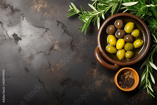 Close-up olives in a bowl on a black stone background with a copyspace