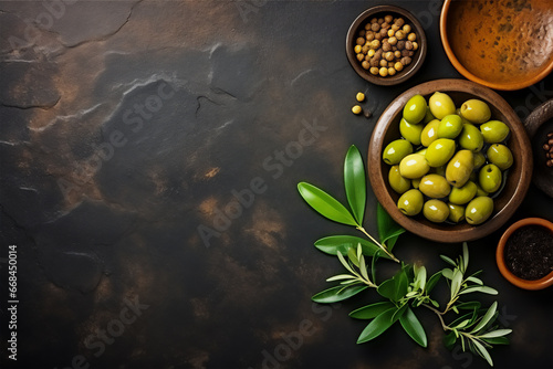 Olives in a bowl on a black stone background with a copyspace