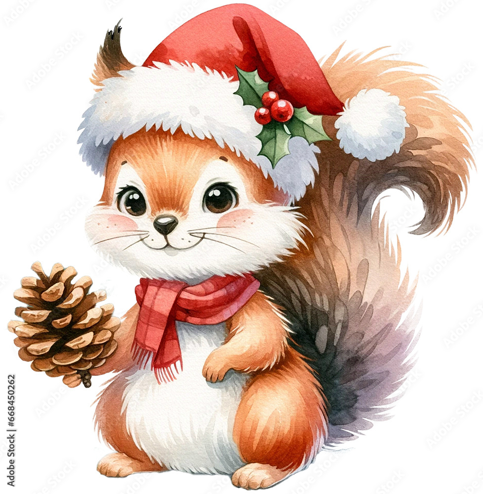 Cute Christmas squirrel wearing a Santa Hat - soft watercolor Cute Christmas squirrel wearing a Santa Hat - soft watercolor